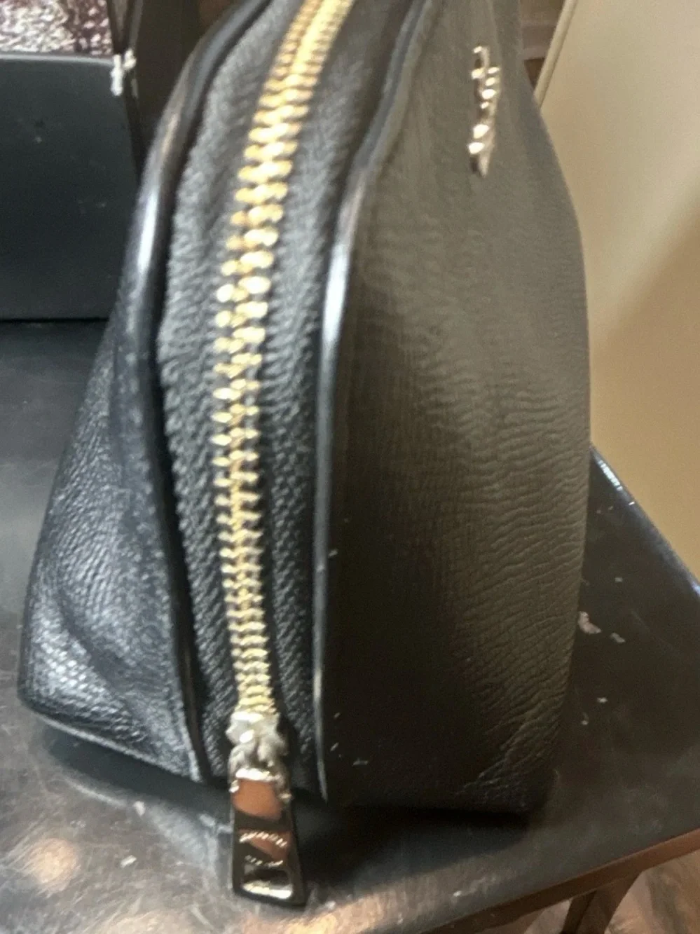 Coach Black Leather Zipper Cosmetic Pouch with Gold Hardware